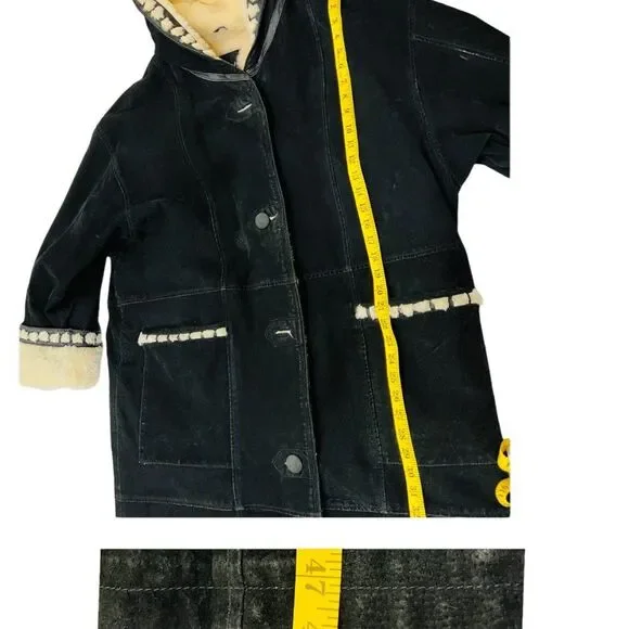 Vintage Sin by Morgan Cooper Black Suede Faux Fur Hooded Trench Coat Jacket L - Picture 16 of 16